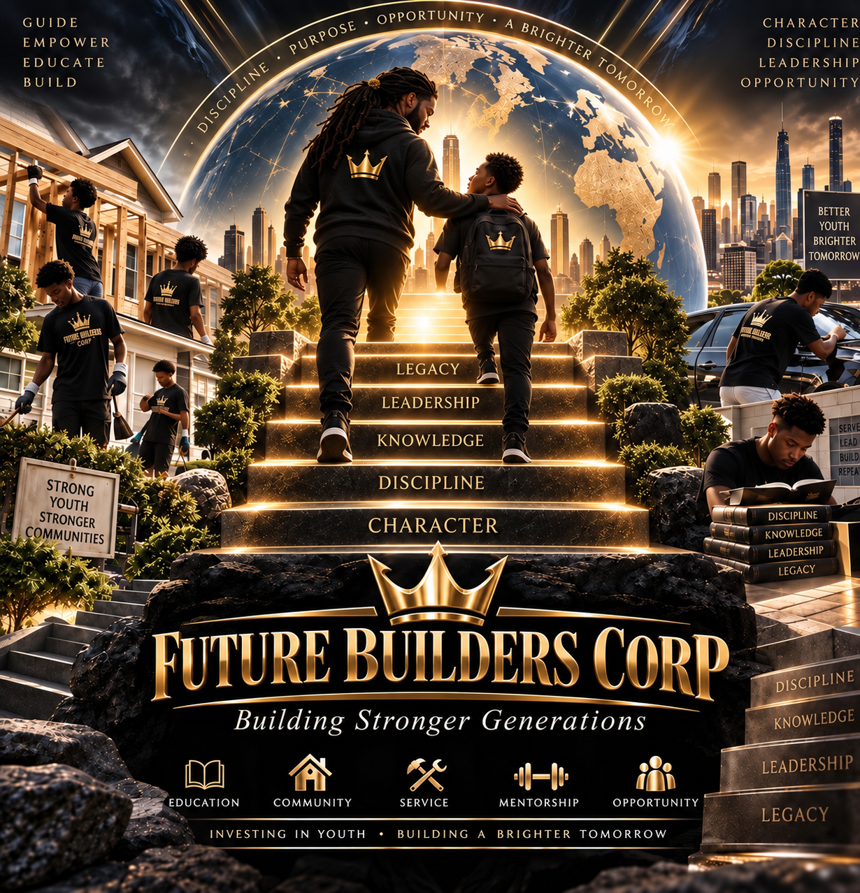 A mentor and a young man ascending the Five Stairs of Development — Character, Discipline, Knowledge, Leadership, Legacy — toward a golden future city